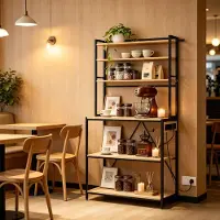 OKWISH Keukenrek – 80 x 167 x 40 cm – Met 3 Stopcontacten – Metaal En Spaanplaat – Lichte Eik – Koffiebar En Opbergrek