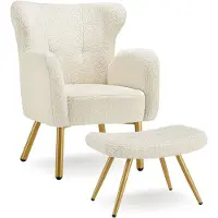 TecTake Fauteuil met Voetenbank – Bouclé Loungefauteuil met Dikke Vulling – Comfortabele Relaxstoel voor Woonkamer en Slaapkamer – Crème/Goud