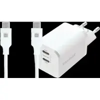 BlueBuilt Power Delivery Oplader met 2 Usb C Poorten 65W + Usb C Kabel 1,5m Nylon Wit