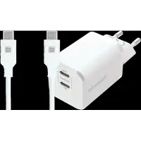 BlueBuilt Power Delivery Oplader met 2 Usb C Poorten 65W + Usb C Kabel 3m Nylon Wit