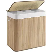 Famanu – Wasmand van bamboe, 150L, wasbox met deksel en 3 compartimenten voor het scheiden van was
