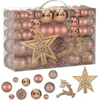 Famanu – Set van 102 gevarieerde rosegouden kerstballen, onbreekbare kerstboomversiering, roze kerstdecoratie