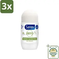 Sanex 3 x Deodorant Roller Zero% Normal Skin 50 ml - Grootverpakking - 24 Uur Deodorant - Aluminiumzouten Vrij - Alcohol Vrij - Huidvriendelijk - Gevoelige Huid