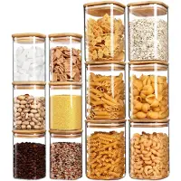 Famanu – Set van 12 voorraadpotten met deksel, 6 potten van 1200 ml en 6 potten van 600 ml, glazen voorraadpotten met houten deksel voor opslag