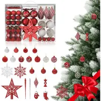 Famanu – Kerstballen set van 138 stuks, kunststof kerstboomballen met 3 texturen, gelakt, mat en glanzend, kerstboomversiering met ophangdraden voor binnen en buiten, rood