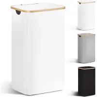 Famanu – Wasmand met deksel, 85 liter, smalle wasverzamelaar met waszak, opvouwbare wasmand van hout en bamboe, wit