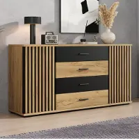 STILVORA dressoir met 4 lades en 2 deuren, commode met verticale ribbels en verstelbare legplanken, opbergkast van MDF