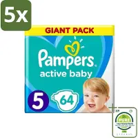 Pampers 5 x - Active Baby - Luiers - Maat 5 (11-16 kg) - Zachte Pasvorm - 64 Luiers - Grootverpakking - Active Baby - Luiers Maat 5 - Babyluiers - Zachte Pasvorm - Luchtdoorlatende Luiers