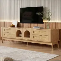 MODFU TV-kast 180 dm, lage kast met LED-verlichting en gebogen glazen deuren, TV-kast met 4 lades, TV-plank van spaanplaat, naturel