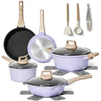 Just perfecto Pannenset Inductie 13-delig – Antiaanbaklaag – Koekenpannen, Kookpan en Hapjespan – Glazen Deksels – Lila Paars