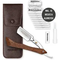 Störtebekker Premium Scheermes 'Heartwood' met houten handvat in een handgemaakt leren etui - incl. aluinstick & 10 mesjes - Scheermessenset - Scheerset / Barbiersmes - Shavette / Straight Razor