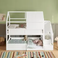 OKWISH Stapelbed 80 x 200 cm Zonder Matras – Ruimtebesparend Kinderbed Met Trap en Uitvalbeveiliging – Huisvorm – Hout – Wit
