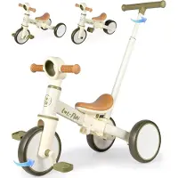 QA 5-in-1 loopfiets voor kinderen - Kinderdriewieler met duwstang - Peuterfiets zonder pedalen - Balansfiets voor jongens en meisjes vanaf 1 jaar - Stevig carbonstalen frame - Olijfgroen