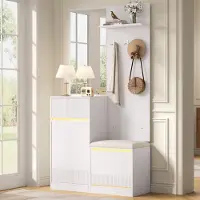 OKWISH Schoenenkast - Moderne Garderobe Met Spiegel En Zitbank - Led Verlichting Met App-bediening - Wit - MDF/Spaanplaat - 105 Cm