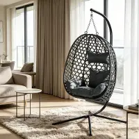 STILVORA Hangstoel Met Standaard - Verstelbare Hoogte En 360° Schommelen - Voor Woonkamer, Balkon, Terras En Tuin - Metaal En Rotan - Donkergrijs