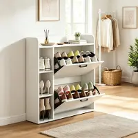 OKWISH Schoenenkast – Wit – 2 Opklapbare Schoenvakken – Met Open Vakjes En Bovenblad – Smal Ontwerp Voor Hal – Spaanplaat – 83 x 24 x 90,5 cm