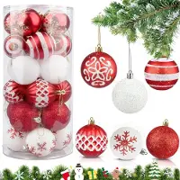 Famanu – Set van 24 kunststof kerstballen, kerstboomversiering met glitter, rood en wit, ideaal voor feesten en huisdecoratie