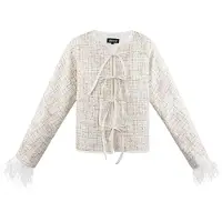 Gimme Gepolijste Vrouwen Jas in Tweed-Stijl met Veren en Strikdetail - Groen - Maat L