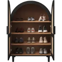 Merax Schoenenkast met Rotan Deuren - 70 x 40 x 100 cm - Houtkleur en Zwart - 3 Legplanken - 12 tot 15 Paar Schoenen - Halmeubel