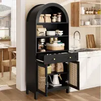OKWISH Vitrinekast – Boho Rattan Deuren – 3 Open Vakken, 1 Lade En 2 Deuren – Voor Woonkamer En Hal – MDF En Spaanplaat Zwart Natuurlook – 70 x 40 x 170 Cm