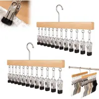Snq Twee houten kledingrekken - met haken en 12 klemmen - perfect voor het opbergen van hoeden, shorts of sokken - ruimtebesparend - lichtgewicht en draagbaar - veelzijdig - houtkleur