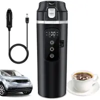 LONGZIMING - Elektrische Waterkoker voor Auto - 12V/24V Reiswaterkoker met 500 ml Inhoud - RVS Binnenkant - Met Display - Draagbare Autowaterkoker voor Reizen en Onderweg - Zwart