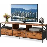 Relaxdays TV-meubel, hoogte x breedte x diepte: 50 x 147 x 40 cm, met 3 lades en opbergruimte, materiaal: MDF, metaal, stof, televisie meubel, bruin/zwart