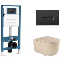Qeramiq Dely Swirl Toiletset - inbouwreservoir Flush - 35mm zitting - metaal mat zwarte bedieningsplaat - rechthoekige knoppen - beige SW1026259/SW1448813/SW1000771/SW706193