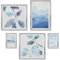 Wallfluent 5-Delige Schilderij Set - Bloemen In De Tuin, Bergen En Een Kalm Wateroppervlak. - 20 x 30 cm - Moderne Wanddecoratie - Slaapkamer - Decoratieve Schilderijen