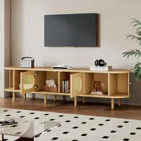 STILVORA TV Meubel 180 Cm Natural MDF Met Rattan Stijl Deuren En 8 Poten Voor Tv Tot 75 Inch In Woonkamer Retro Opbergkast