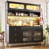 OKWISH keukenkasten met gatenwand en lade, keukenkasten met LED-verlichting en glazen planken, keukenkast met veel opbergruimte, zwart