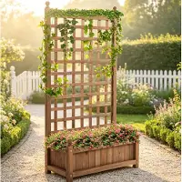 OKWISH Plantenbak Met Klimrek 64 x 28 x 120 Cm - Verticale Tuin Met Privacy en Ruimtebesparend Design - Voor Tuin en Balkon - Hout - Naturel Hout