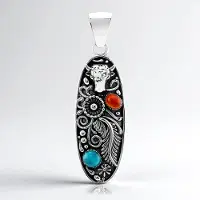 Cavill - Zilveren Hanger - 925 Sterling Zilver Geoxideerd - Blauwe Kingman Mohave Turkoois 0,235 ct & Carneool 0,221 ct - Handgemaakt Boho Sieraad