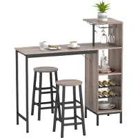 HAUSS SPOLE Barkrukken En Bartafel Set - Set Van 3 - Met Opbergrek, Wijnrek En Glashouders - Voor Keuken En Kleine Ruimtes - MDF Grijs