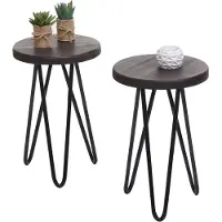 Mendler Set van 2 bijzettafels HWC-A80, nachtkastje/salontafel, industriële stijl, echt hout, diameter 25 cm, donkerbruin