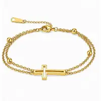 LGT JWLS Goudkleurige Damesarmband van Edelstaal met Dubbele Ketting en Kruis