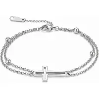 LGT JWLS Zilverkleurige Damesarmband van Edelstaal met Dubbele Ketting en Kruis