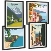 Coloray 4-Delige Schilderij Set - Berglandschappen En Straten Van Europese Steden - 40 x 40 cm En 40 x 60 cm - Wanddecoratie - Muurdecoratie - Moderne Interieurdecoratie