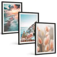 Coloray 3-Delige Schilderij Set - Uitzicht Op Zee, Zonsondergang, Kleurrijke Huizen, Bloemen - 40 x 60 cm - Decoratieve Schilderijen - Wanddecoratie - Hal - Woonkamer Decoratie
