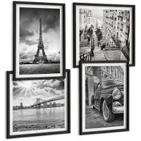 Coloray 4-Delige Schilderij Set - Stadsgezichten Bruggen Eiffeltoren Klassieke Auto - 40 x 40 cm En 40 x 60 cm - Muurdecoratie - Wanddecoratie - Hal - Moderne Wanddecoratie