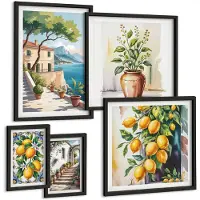 Coloray 5-Delige Schilderij Set - Mediterrane Landschappen Met Citrusvruchten En Vegetatie - 50 x 50 cm, 20 x 30 cm En 40 x 60 cm - Decoratieve Schilderijen - Wanddecoratie - Hal - Woonkamer Decoratie