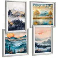 Coloray 4-Delige Schilderij Set - Abstracte, Geschilderde Natuurgezichten - 40 x 40 cm En 40 x 60 cm - Stijlvolle Muurdecoratie - Kantoor