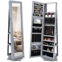 Costway 360° draaibare sieradenkast, full-body spiegel, spiegelkast met sieradenopslag en 2 planken, sieradenorganizer, afsluitbaar met sleutels (39 x 39 x 161 cm, grijs)