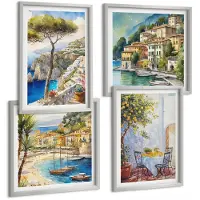 Coloray 4-Delige Schilderij Set - Italiaanse Kustplaatsen In Aquarelstijl - 40 x 40 cm En 40 x 60 cm - Wanddecoratie - Muurdecoratie - Moderne Interieurdecoratie