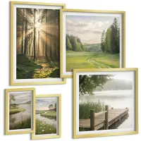 Coloray 5-Delige Schilderij Set - Boslandschappen Met Zonnestralen En Kalm Water - 50 x 50 cm, 20 x 30 cm En 40 x 60 cm - Decoratieve Muurdecoratie - Slaapkamer - Decoratieve Schilderijen