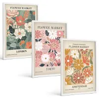 Coloray 3-Delige Schilderij Set - Posters Met Bloemenpatronen Uit Londen, Tokio En Amsterdam - 40 x 60 - Muurdecoratie - Interieur Decoratie
