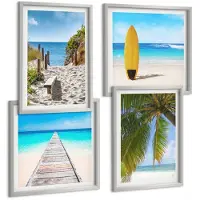 Coloray 4-Delige Schilderij Set - Vakantiegezichten, Strandgolven En Palmbomen In De Tropen - 40 x 40 cm En 40 x 60 cm - Decoratieve Muurdecoratie - Slaapkamer - Interieur Decoratie