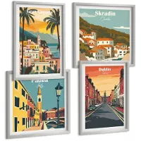 Wallfluent 4-Delige Schilderij Set - Stads- En Natuurlandschappen In Warme Kleuren - 40 x 40 cm En 40 x 60 cm - Stijlvolle Muurdecoratie - Kantoor - Moderne Wanddecoratie
