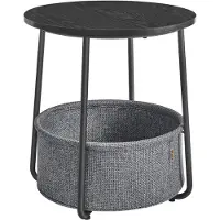 Vasagle Ronde bijzettafel met stoffen mand, Ebbenhout Zwart + Leigrijs