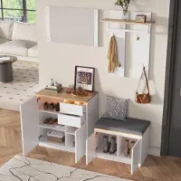STILVORA Kledingrek Met Spiegel Hangstang Haken Schoenenkast En Schoenenbank Voor Hal En Gang Wit Natuur 130x35x124,5 Cm